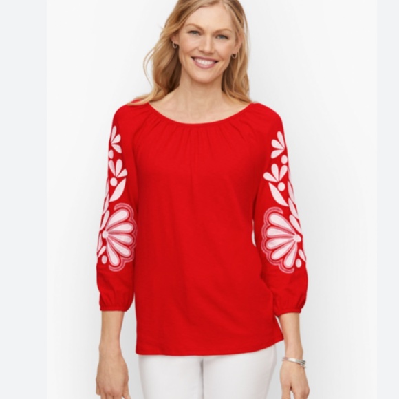 Talbots Red 3/4 Sleeve Linen Blouse With White Embroidered Flowers Size XS - Picture 1 of 5